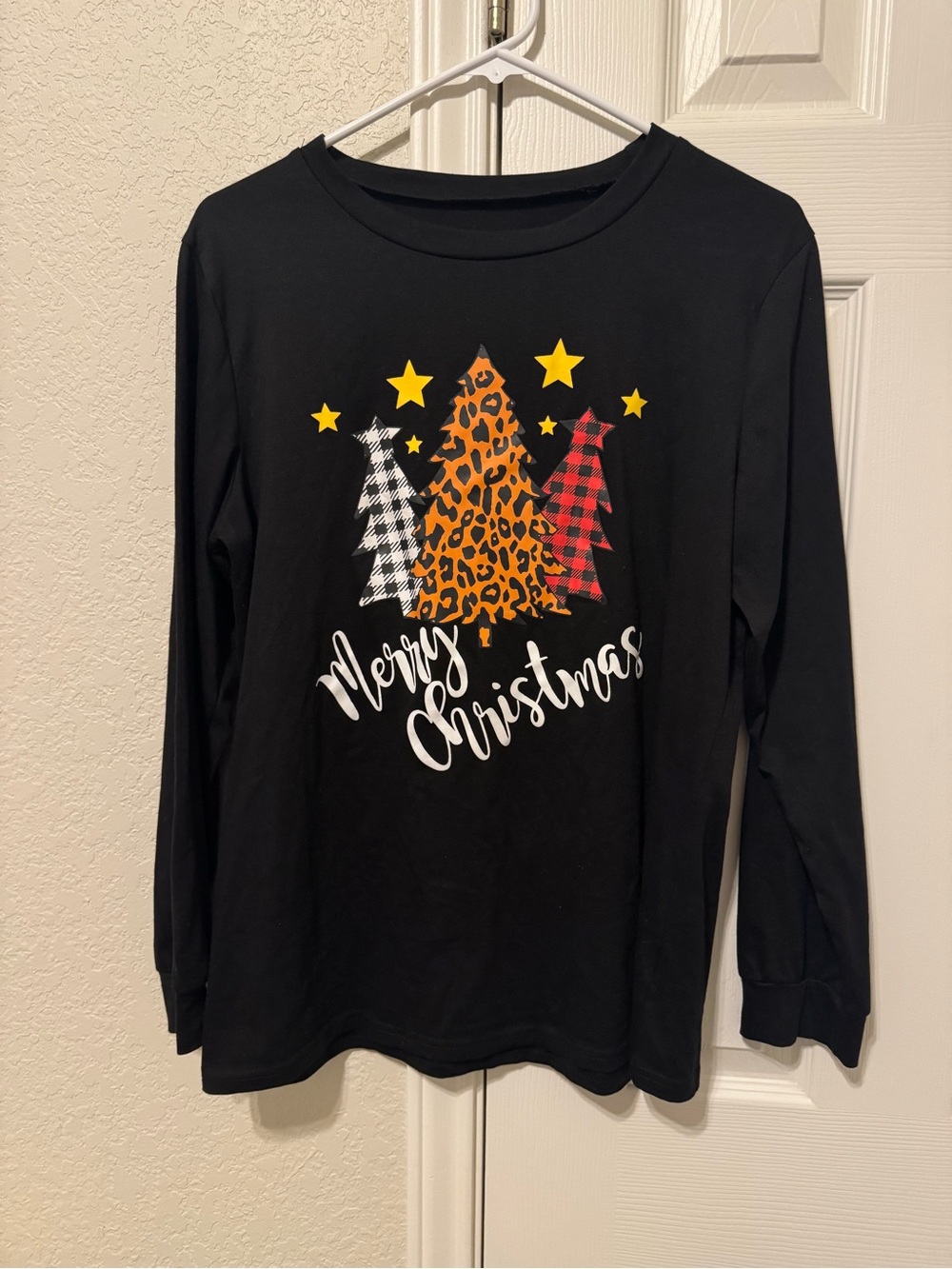 Amazon Black Long-Sleeve 'Merry Christmas' Tee with Plaid & Leopard Trees